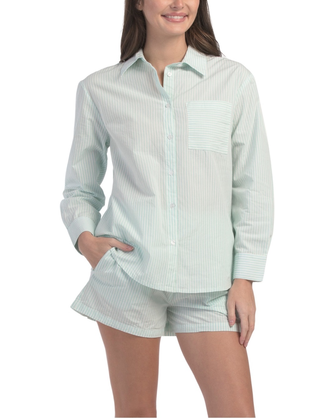 New! Cambridge & Cotton Mint Stripe Button-Front Sleep Set size L